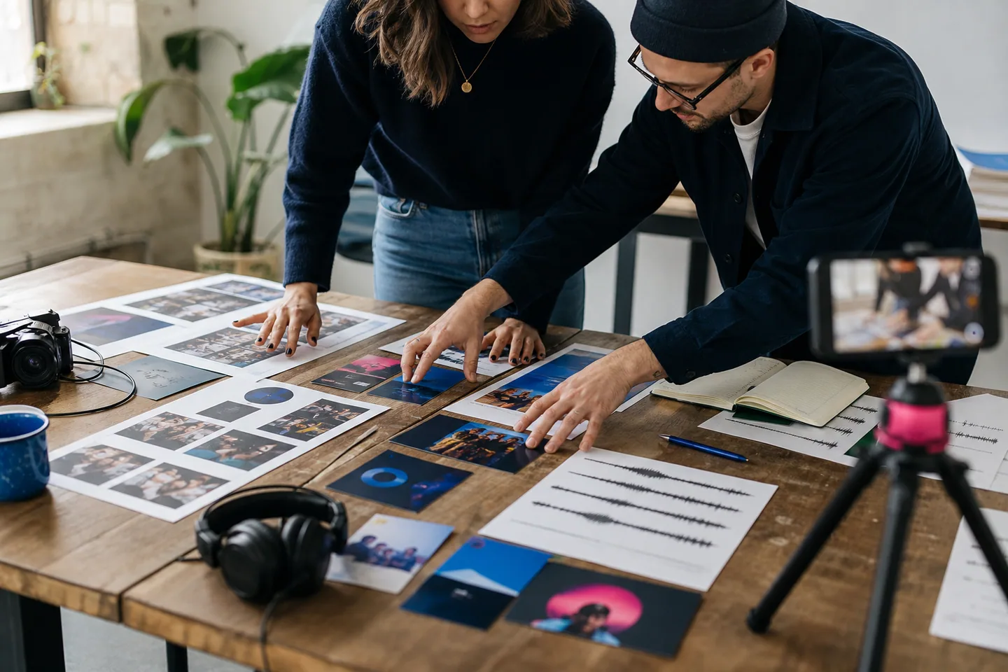 A creative team arranging photo, video and audio formats on a worktable