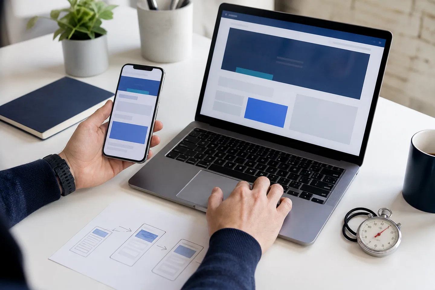 The same website being tested on a phone and laptop
