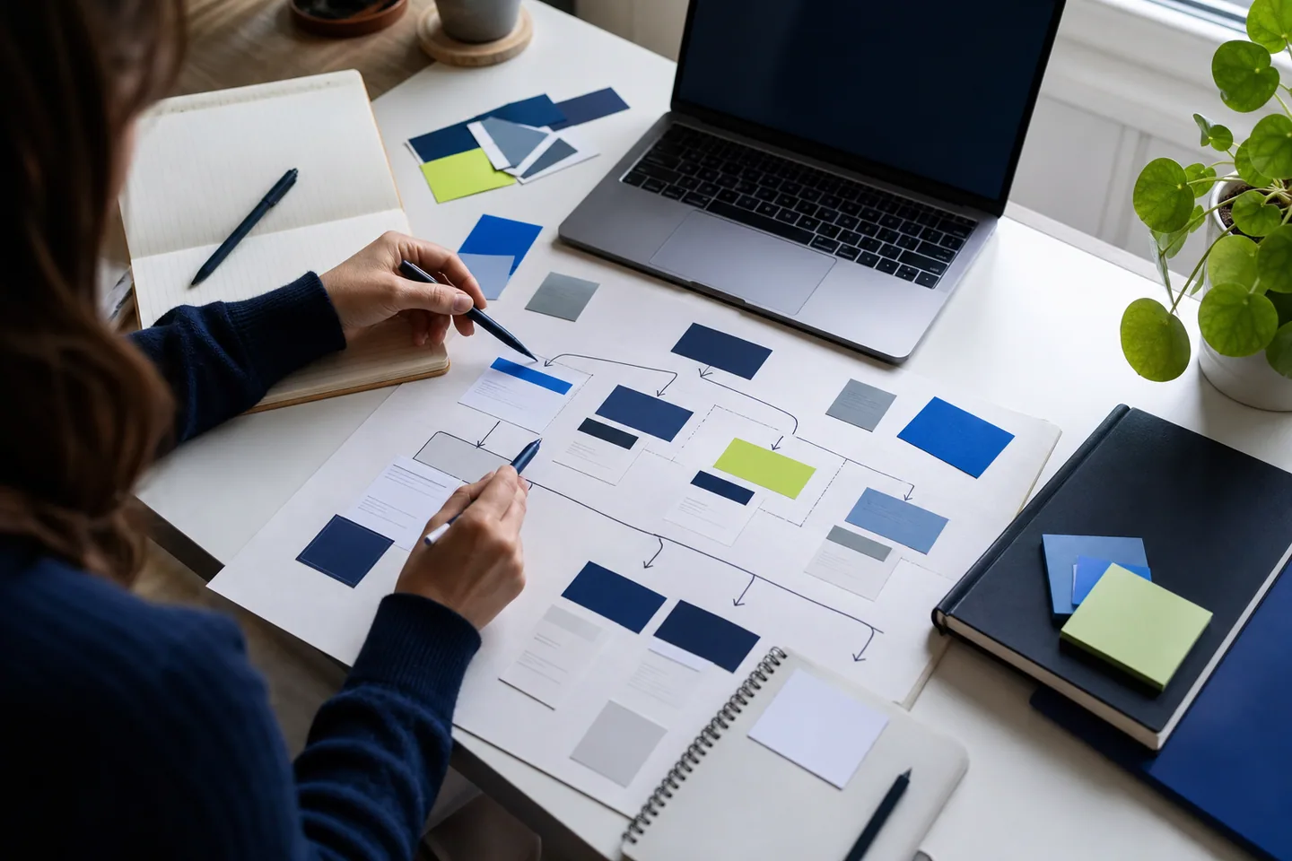 A website structure mapped on paper beside a laptop